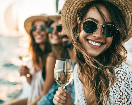 Friends Enjoying Sunset Wine Cruise on Luxury Yacht &ndash; Generative AI &ndash; no real persons