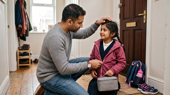 Single Father Carefully Zipping Daughter's Jacket before School in Home Hallway for Back to School Blogs, Parenting Websites, and Family Welfare Content