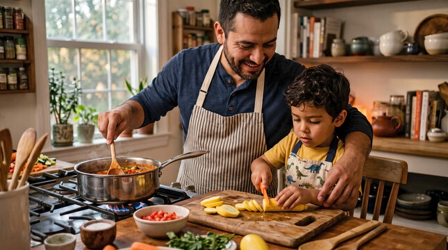 Single Father Preparing Healthy Dinner with Young Son in Kitchen, Stirring Saucepan and Helping Child Cut Vegetables for Parenting Blogs, Cooking Websites, and Family Lifestyle Content