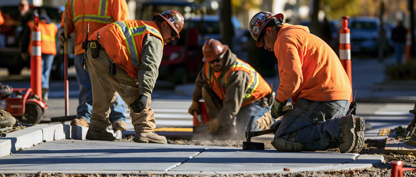 Construction worker kneeling beside concrete road barrier during urban street maintenance, with reflective safety clothing and equipment visible in warm daylight