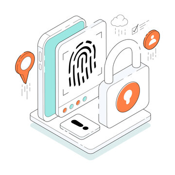 Conceptual isometric design illustration of mobile fingerprint lock