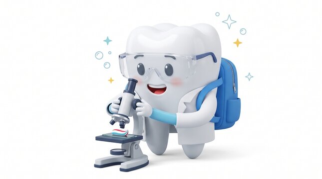 Cute 3D cartoon tooth character wearing a white lab coat and safety goggles while using a microscope for dental research on a white background