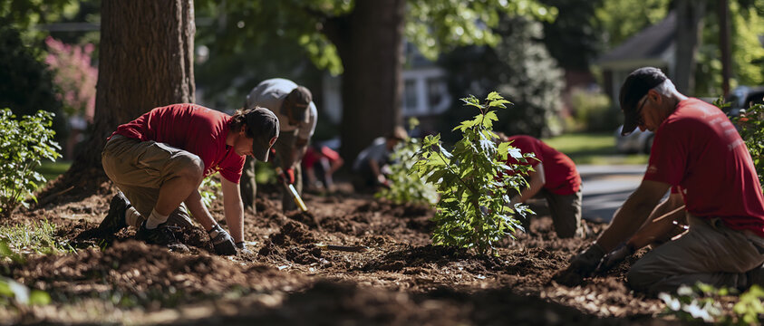 Community garden volunteers planting young tree in sunny urban park