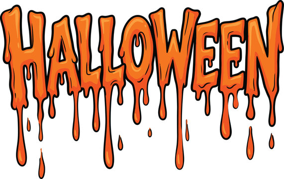 Orange dripping Halloween word art spooky lettering with a melting effect for holiday invitations and decorations isolated on white