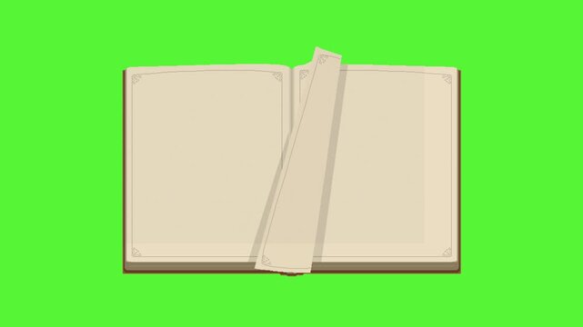 open page flip book in pixel art style with green screen background