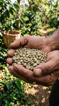 Farmer holding freshly harvested green coffee beans in hands
