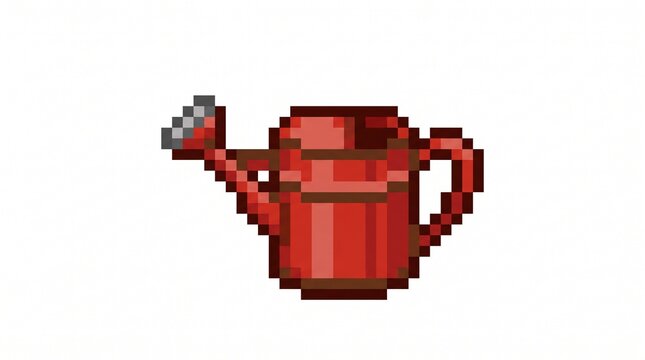 8-bit pixel art of a classic red watering can gardening game asset isolated on white.