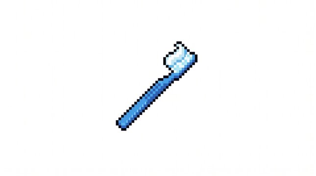 8-bit pixel art of a blue toothbrush with white toothpaste bathroom game asset isolated on white.