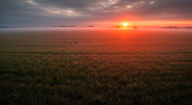 Golden grass field with fog with field covered morning fog under sunset vegetation silhouette atmosphere