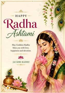Happy radha ashtami festival greeting card featuring goddess radha with lotus