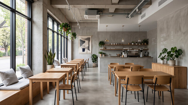 Minimalist coffee shop interior with concrete walls and wooden furniture