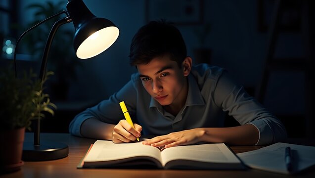 Young student studying hard at night by desk lamp light highlighting text in open textbook with night study
