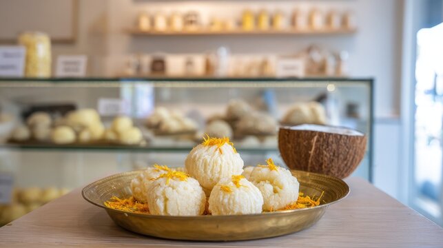 Modak on brass plate with marigold petals and coconut, bakery sweets presentation