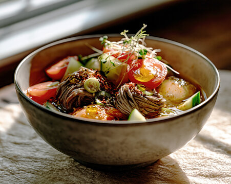 Cold Tomato and Kimchi Soba Noodle Soup with Fresh Vegetables &ndash; AI Generative