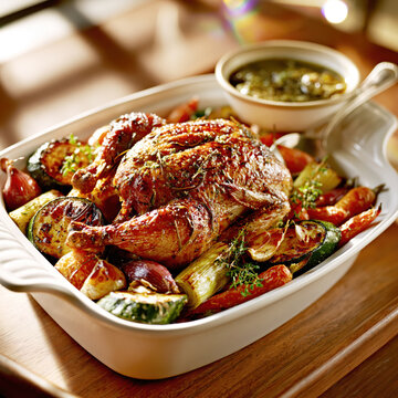 Whole Roast Chicken with Caramelized Vegetables &ndash; AI Generative
