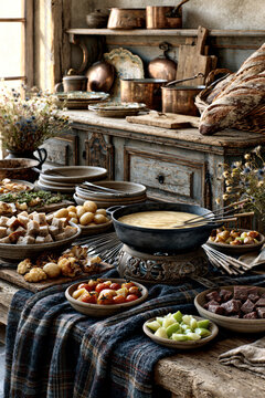 Traditional Swiss Cheese Fondue with Rustic Dipping Ingredients &ndash; AI Generative