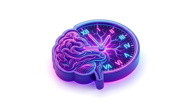 Neon brain clock icon representing time management and cognitive mental health awareness.