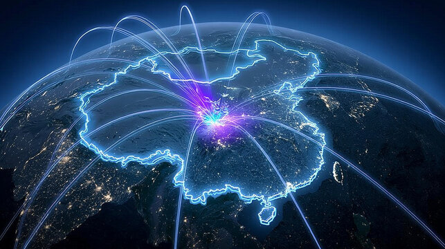 Digital map of China with routes radiating from a central hub representing national logistics cloud infrastructure smart transportation regional connectivity and data networks