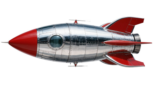 Shiny metallic retro rocket with red fins and nose cone, isolated on transparent background