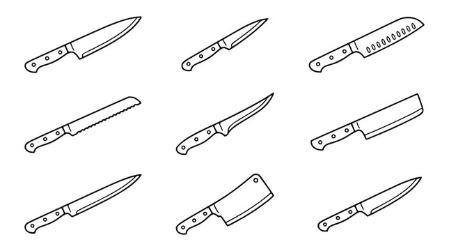 Food and Culinary Industry Black  White Line Art Set of Kitchen Knives, Cutting Tools, and Chef Utensils Collection