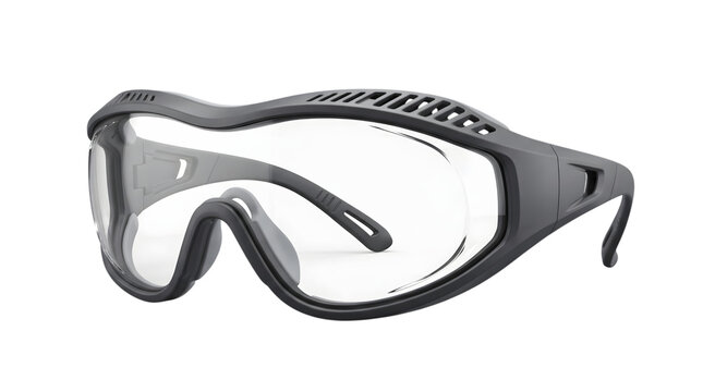 Clear safety goggles dark gray plastic protective eyewear frame for industrial construction work.