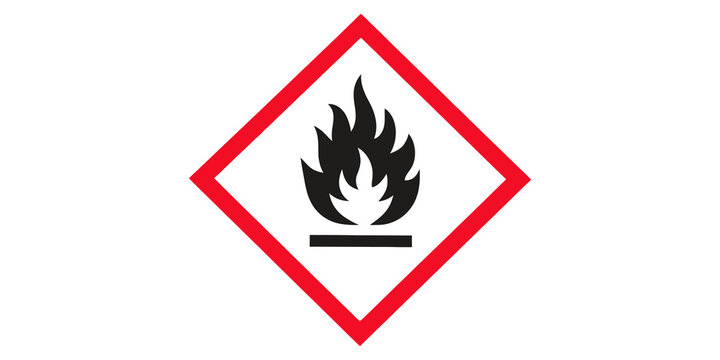 Flammable warning sign with black fire flame inside red diamond frame for safety labels.