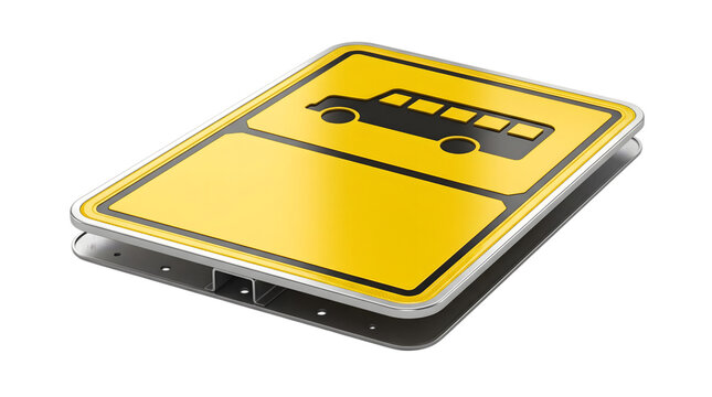 Yellow bus station traffic sign metal plate marker design for public transit transportation route.