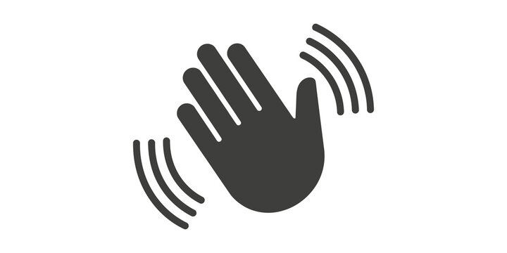 Dark grey waving hand gesture icon with motion lines for social media reactions or greeting web designs.