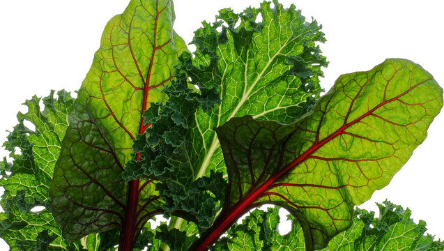 Vibrant green kale and swiss chard leaves with red stems, isolated on transparent background