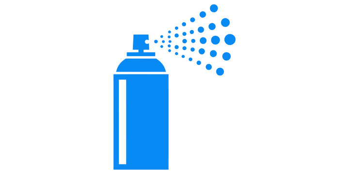 Blue spray can icon with aerosol mist droplets for graphic design projects.