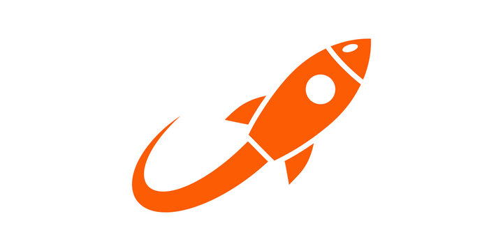 Orange rocket ship launching into space representing startup innovation or exploration.