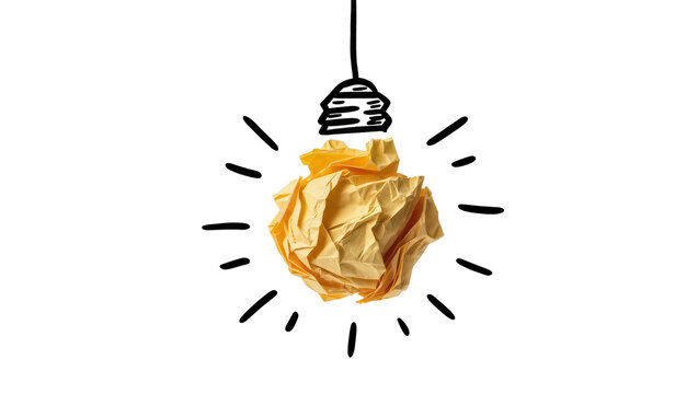 Crumpled yellow paper ball forming a light bulb filament, isolated on transparent background