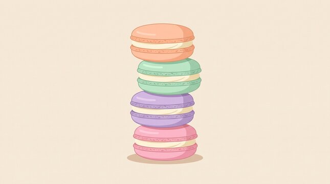 Stack of pastel macarons in pink, mint, lavender and peach, elegant flat design illustration for bakery, dessert packaging, confectionery branding, and sweet food concepts.