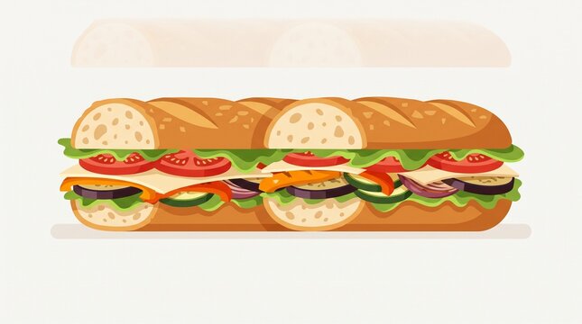 Fresh baguette sandwich filled with vegetables, cheese, lettuce and tomato, modern flat design illustration for lunch menus, cafes, restaurants, food packaging, and advertising.