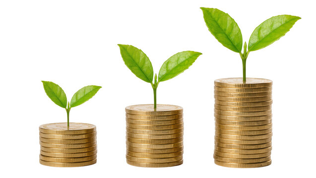Three stacks of gold coins with green sprouts growing, isolated on transparent background