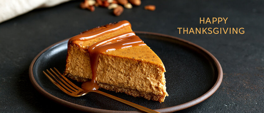 Slice of Caramel Cheesecake on Black Plate with Fork Thanksgiving Text
