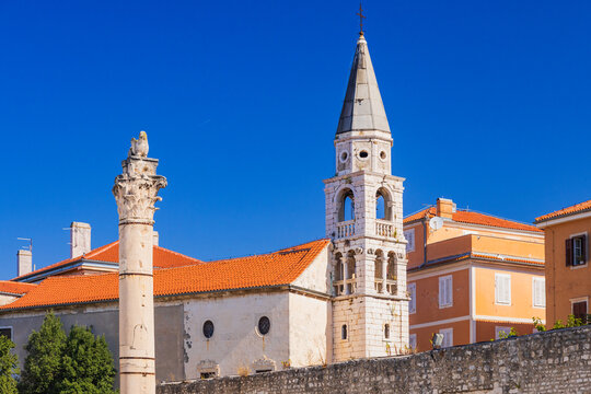 Historic roman column and church tower in Zadar, Dalmatia, Croatia