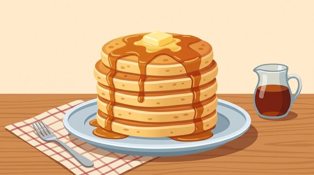 Fluffy golden pancake stack with melting butter and maple syrup, clean flat illustration for breakfast menus, bakery advertising, food packaging, and culinary branding.