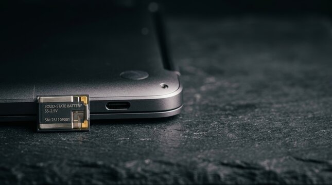 Solid-state battery next to electronic device on dark surface