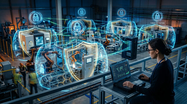 Industrial cybersecurity specialist using rugged laptop to monitor secure firewall protection shields over robotic manufacturing cells in modern factory.