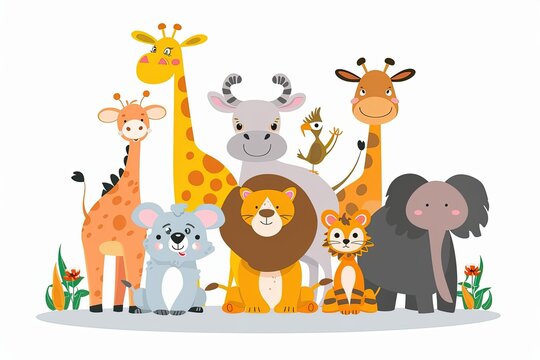 A charming group of diverse cartoon animals, including giraffes, lions, elephants, and monkeys, stand together in a friendly arrangement, creating a delightful and playful scene.