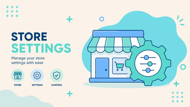 Store settings graphic with gear and shop front. Light blue and teal colors dominate the design. Flat vector style with minimalistic appeal. Ideal for e-commerce or retail management themes