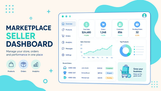Modern dashboard displays marketplace sales data. Clean design highlights products, orders, and revenue. Bright colors and rounded shapes make it visually appealing