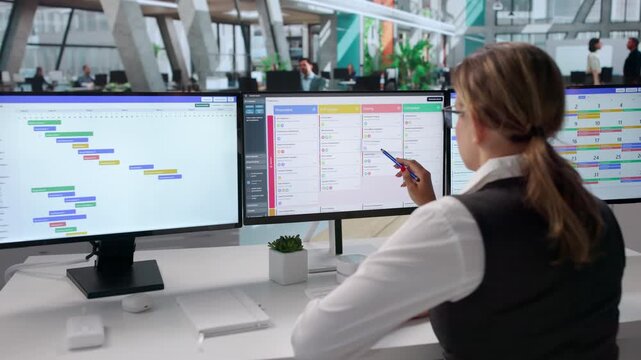 Agile Project Manager Reviews Task Board And Updates Schedule