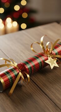 Festive Christmas Cracker with Gold Ribbon on Wooden Table.