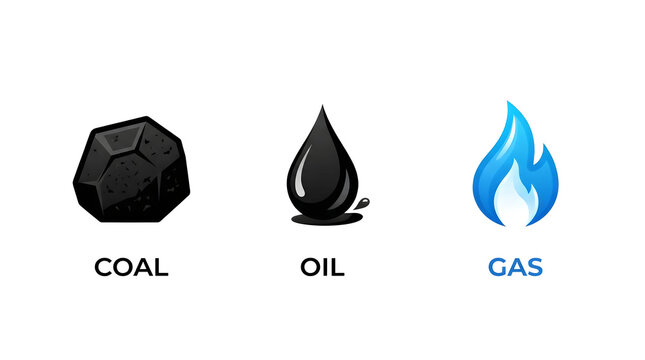 Three energy sources icon set: coal, oil, gas