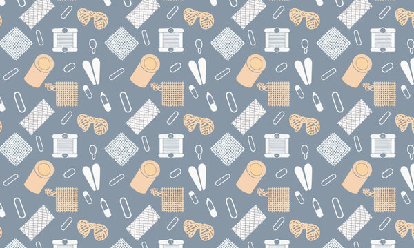 First Aid Medical Supplies Seamless Vector Pattern on Steel Blue &mdash; Flat Icon Repeat for Healthcare Packaging and Textile