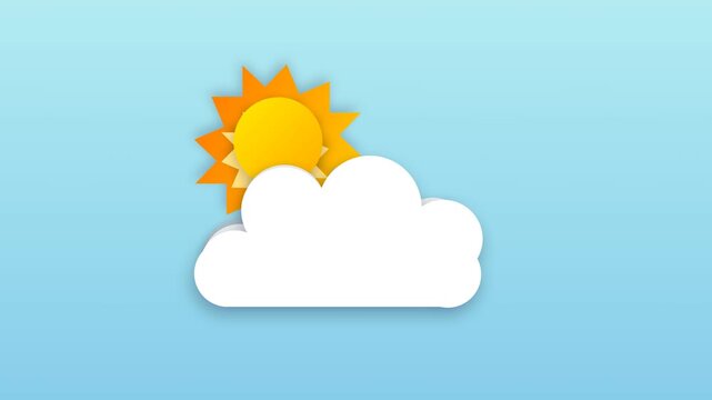 Paper cut style weather icons with sun and clouds on blue