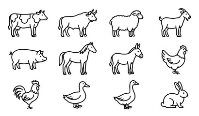 Fototapeta premium Hand Drawn Farm Animal Collection Featuring Cows Sheep Goats Horses Chickens Ducks and Rabbits