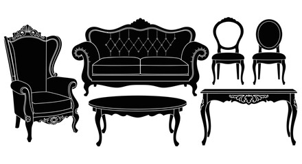 Fototapeta premium Elegant living room furniture silhouette set with collection black silhouettes furniture including sofa armchair coffee table silhouettes luxurious
